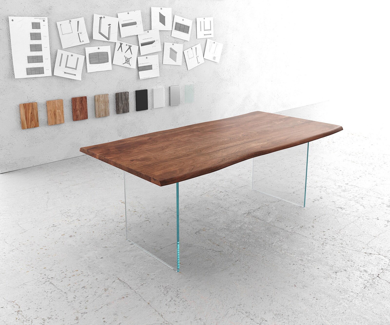 Eettafel Edge 200x100 acacia bruin glas frame Live-Edge