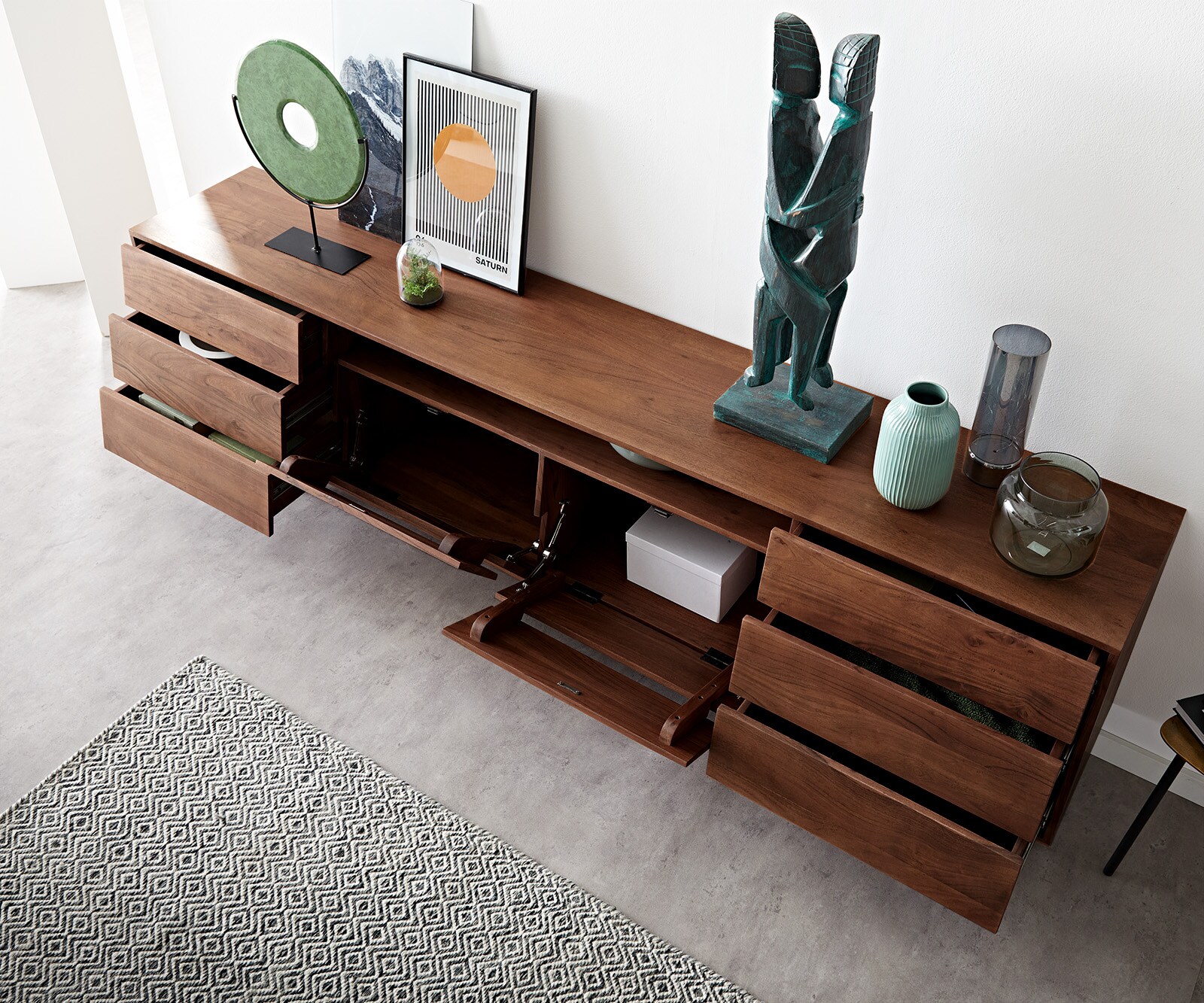 Dressoir Eloi Acacia Bruin 240x40 cm 2 Deuren 6 Laden V-Poot Zwart 3