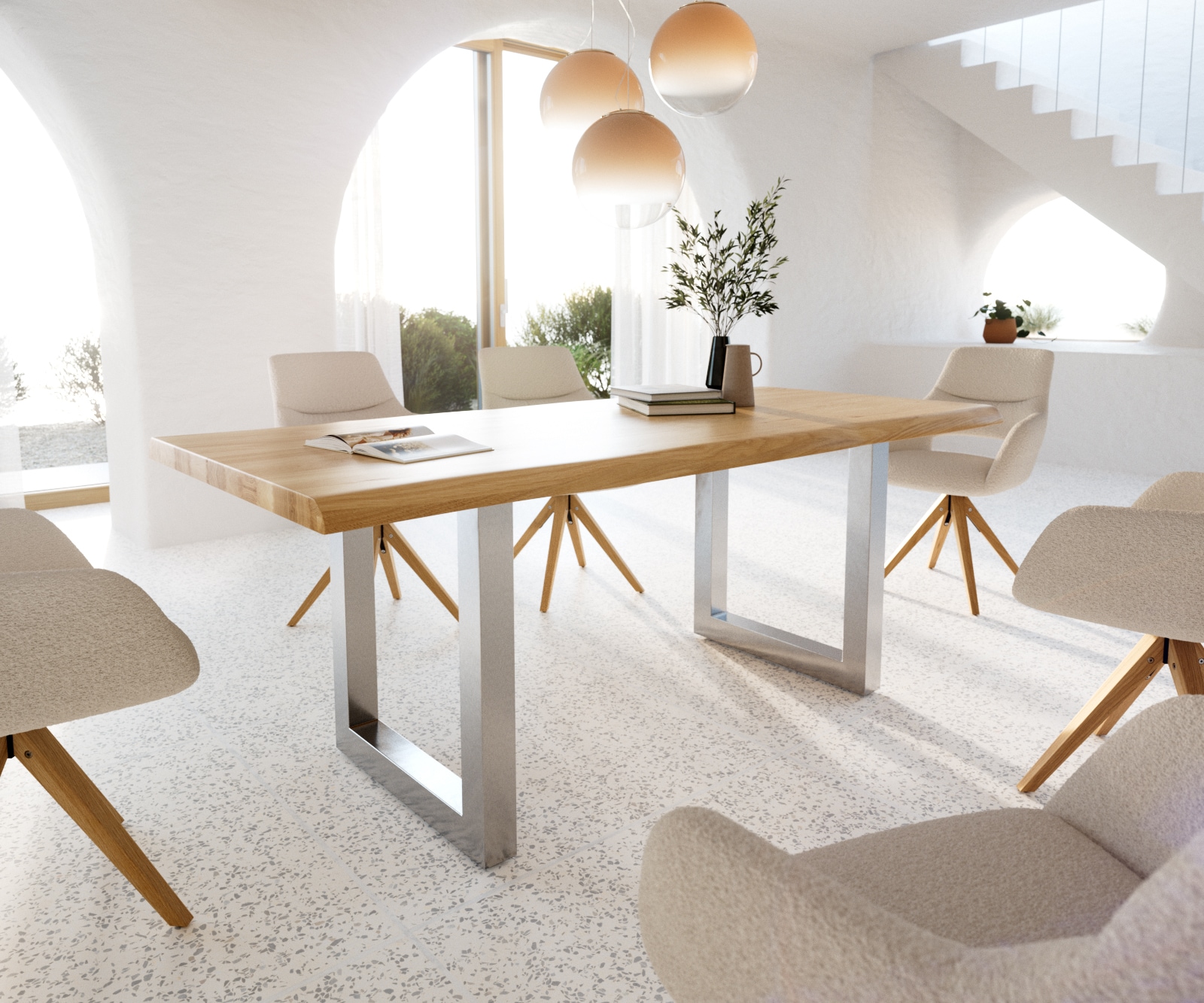 Eettafel Edge 200x100 eiken natuur roestvrij staal  breed Live-Edge gelakt Eettafel Edge 200x100 eiken natuur roestvrij staal  breed Live-Edge gelakt