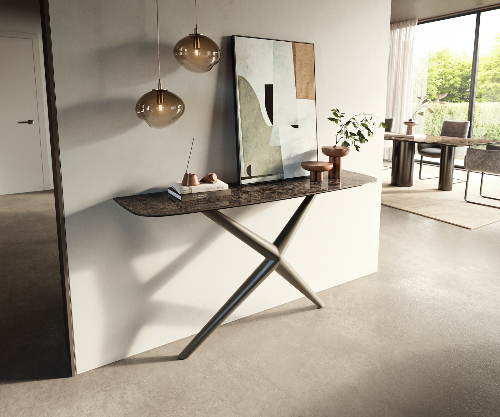 Consoletafel Edge Bootvorm 140x40 cm Keramiek Emperador Extra Lucidato Dunkelbraun Estelo Metaal Effektfinish Titan 3