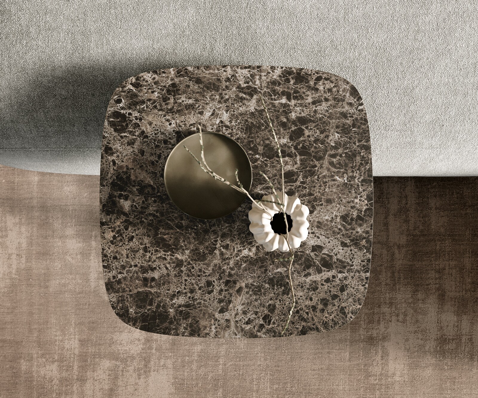 Bijzettafel Edge bootvorm 50x50 cm keramiek Emperador Extra Lucidato donkerbruin Eleny metaal effectafwerking titanium 3