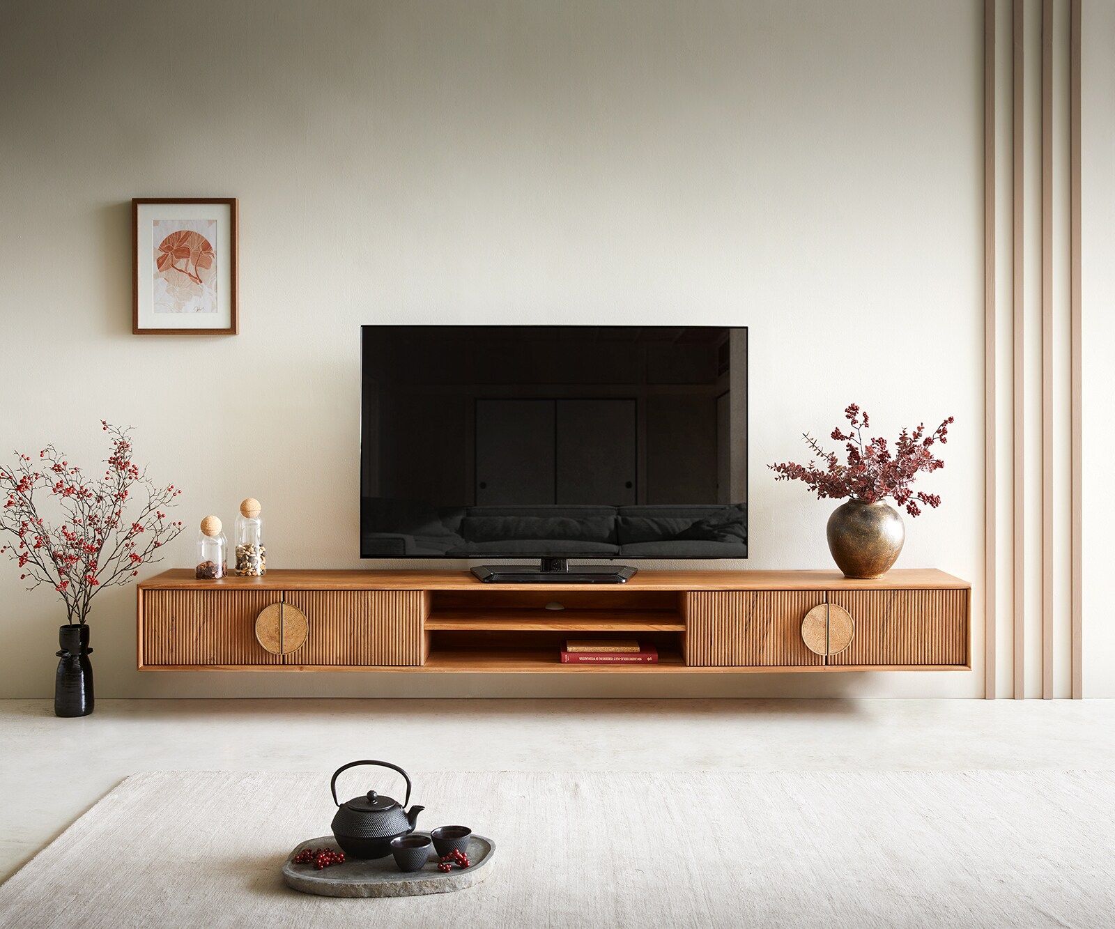 TV-meubel Surimu 240 cm acacia lichtbruin 4 deuren 2 vakken Kork-Griff zwevend 1