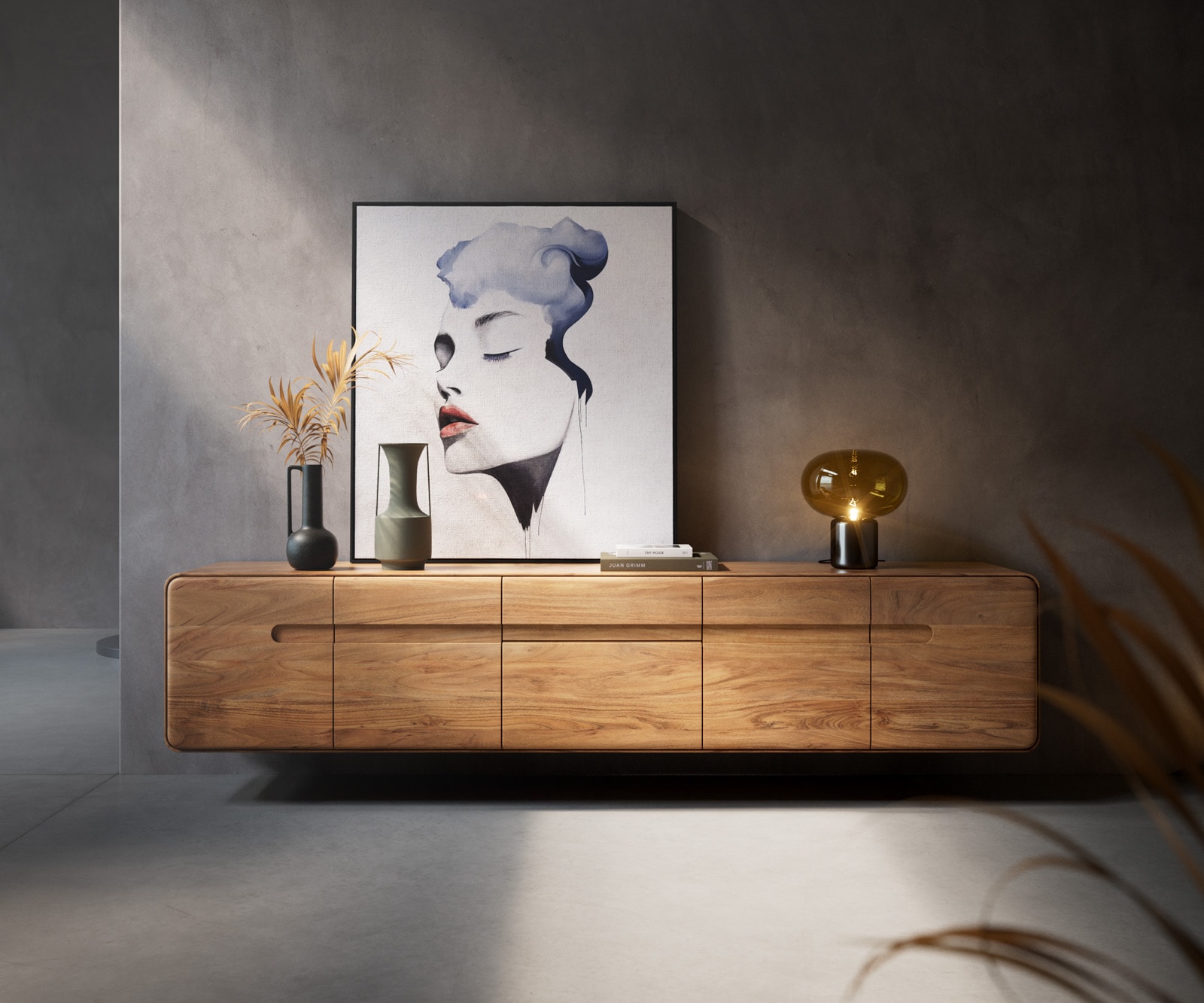 Tv-meubel Anaya 220 cm natuur acacia 4 deuren 2 laden Zwevend Tv-meubel Anaya 220 cm natuur acacia 4 deuren 2 laden Zwevend