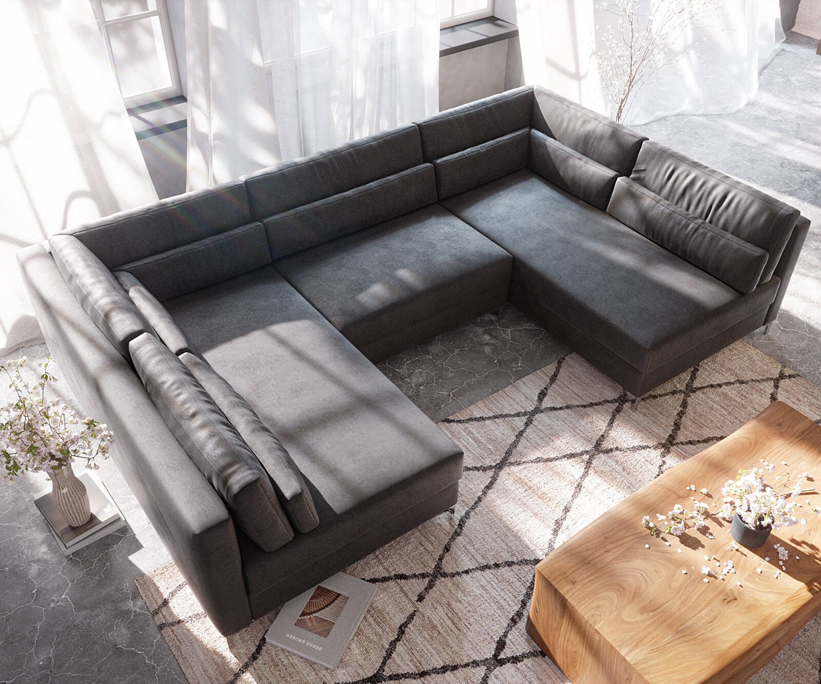 Woonlandschap Elio 300x185 cm kunstleer vintage antraciet met poef 4 Woonlandschap Elio 300x185 cm kunstleer vintage antraciet met poef 4