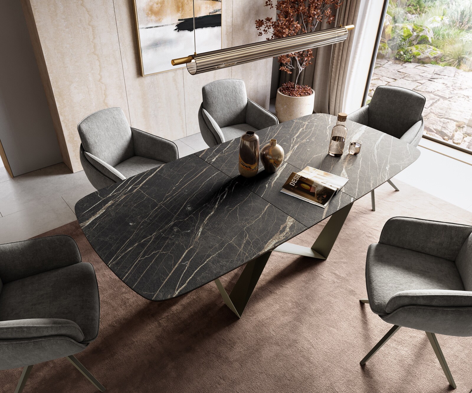 Eettafel Edge Boot 180-220x100 cm Laminam® Keramiek Noir Desir Braun Spider Metaal Effectafwerking Titan uitschuifbaar 4