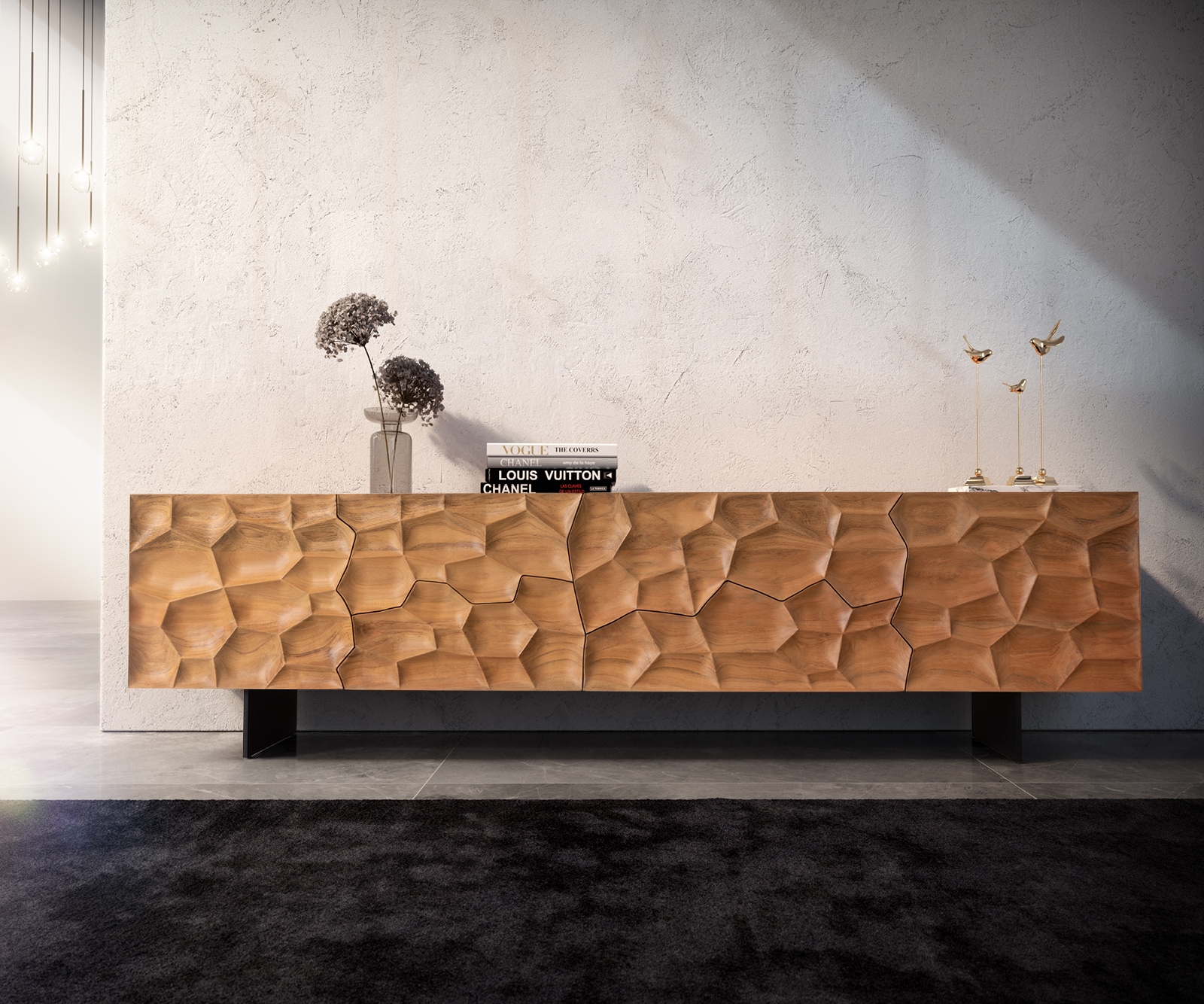 Tv-meubel Solu 220 cm acacia natuur 2 deuren 4 laden onderstel zwevend metaal zwart 3D front 1 Tv-meubel Solu 220 cm acacia natuur 2 deuren 4 laden onderstel zwevend metaal zwart 3D front 1