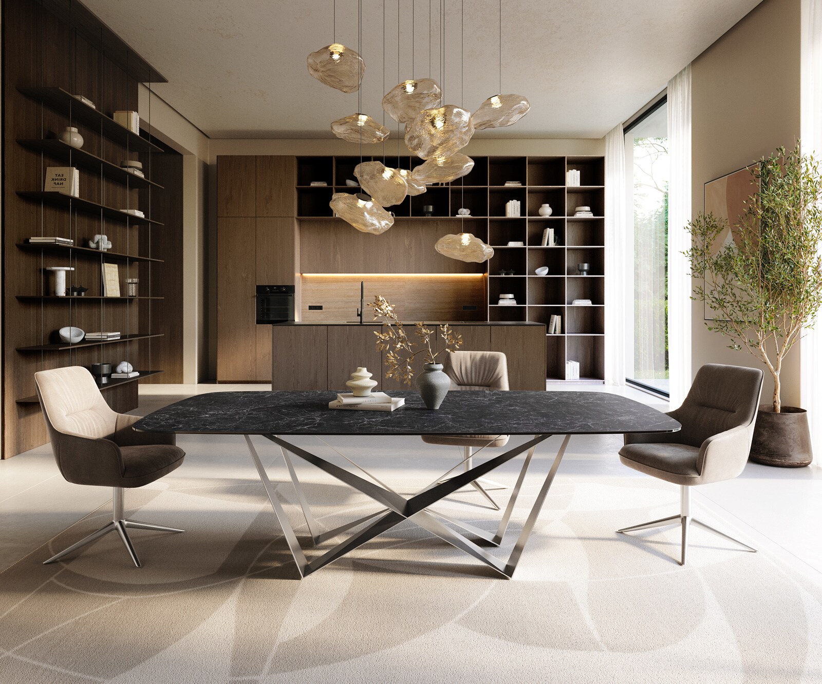 Eettafel Edge Boot 240x120 cm Keramiek Laminam® Nero Greco Anthrazit Spider Flachstahl Roestvrij staal 1