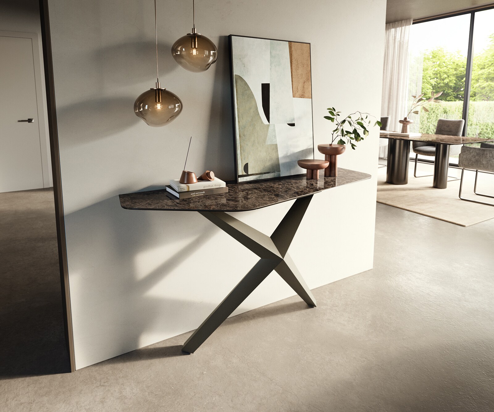 Consoletafel Edge Polygonaal 140x50 cm Keramiek Emperador Extra Lucidato Dunkelbraun Zentharo Metaal Effektfinish Titan 3