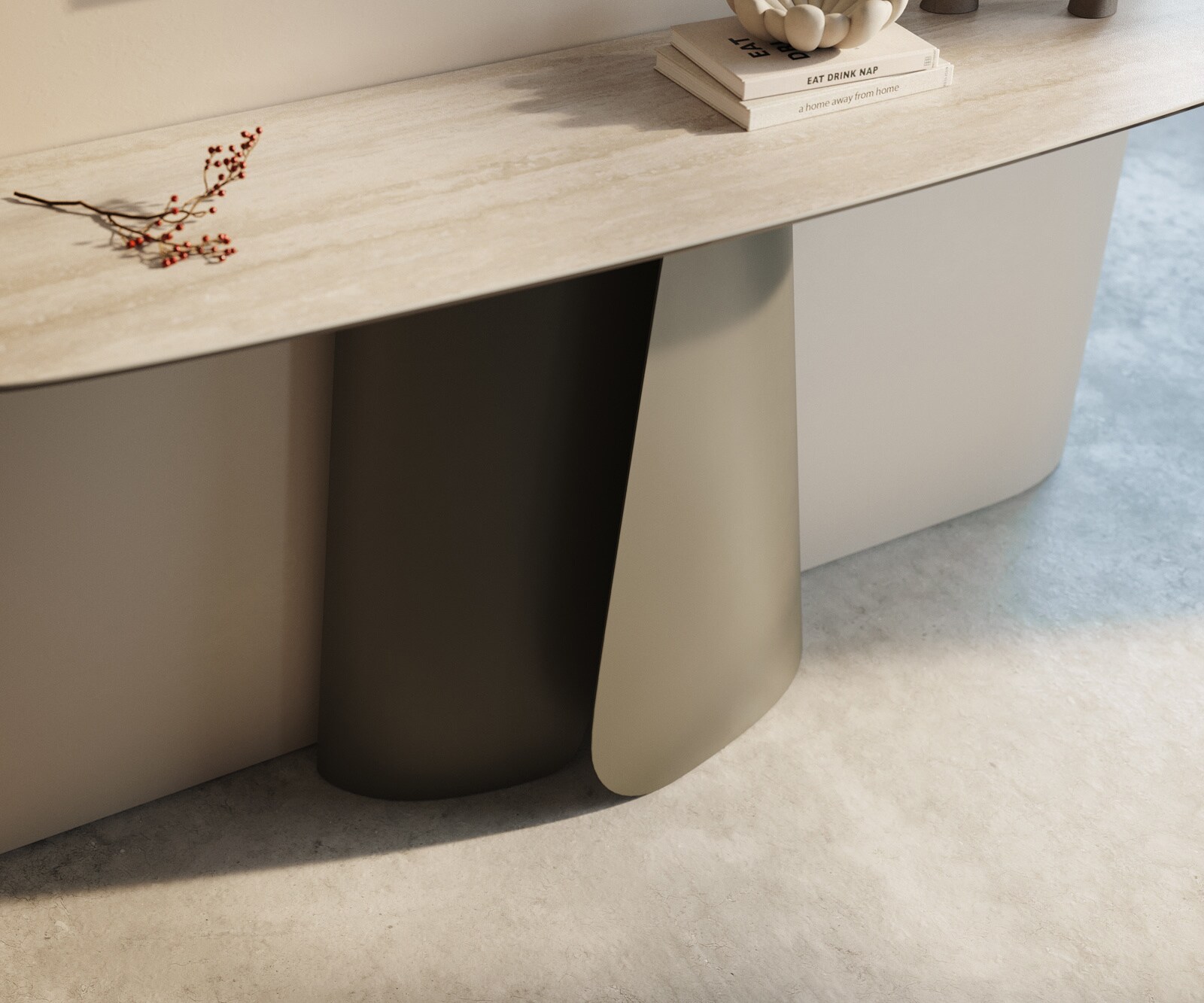 Consoletafel Edge Bootvorm 140x40 cm Keramiek Laminam® Travertino Bianco Creme-Weiß Livos Metaal Effektfinish Titan 6
