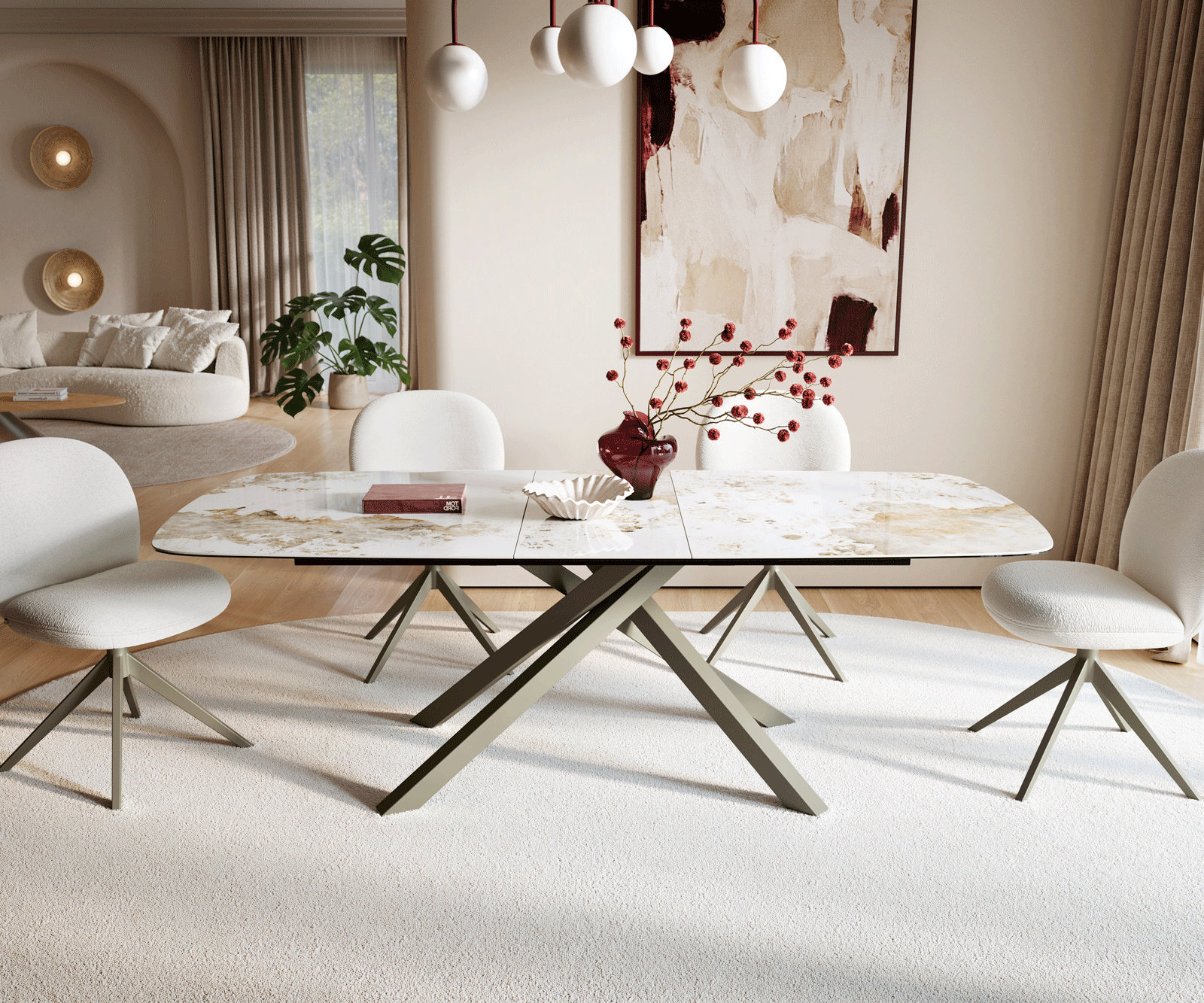 Eettafel Edge Boot 180-220x100 cm Keramiek Minas Melange Wit-Beige kruisonderstel Rechthoek Effectafwerking Titan uitschuifbaar 2