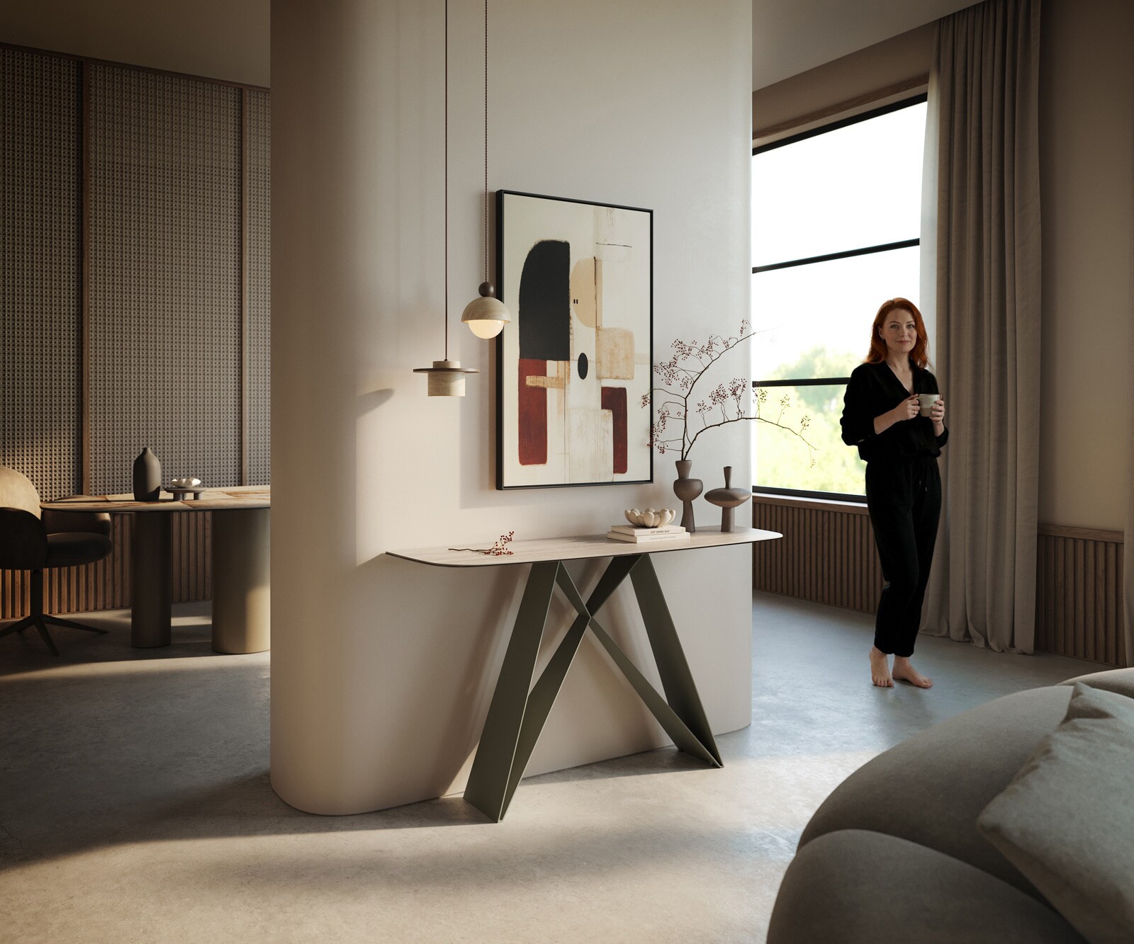 Consoletafel Edge Bootvorm 140x40 cm Keramiek Laminam® Travertino Bianco Creme-Weiß Velio Metaal Effektfinish Titan 7
