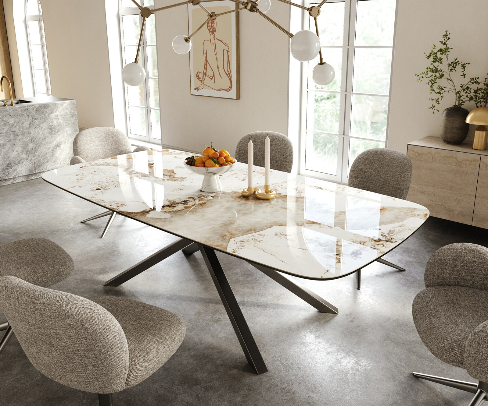 Eettafel Edge Boot 240x120 cm Keramiek Minas Melange Wit-Beige kruisonderstel Rechthoek Roestvrij staal Grafiet