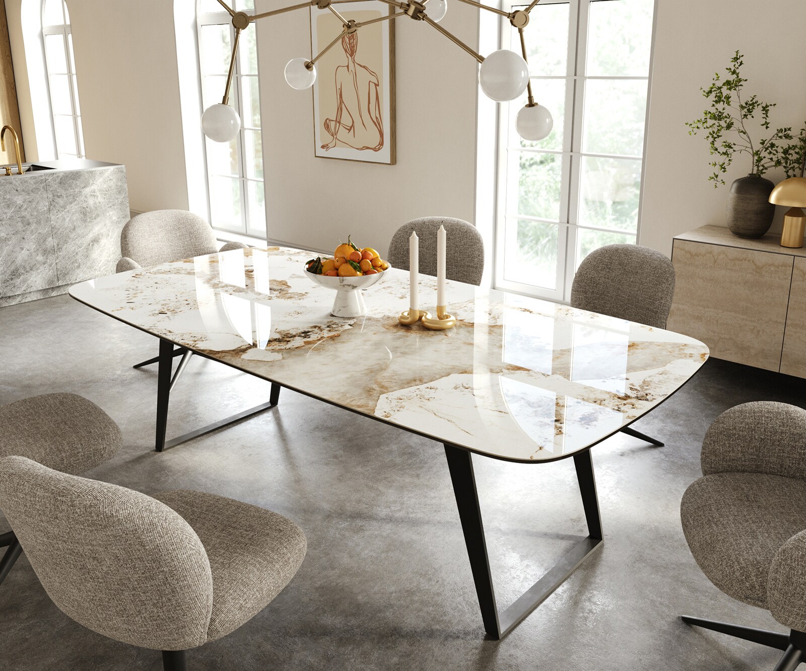 Eettafel Edge Boot 240x120 cm Keramiek Minas Melange Wit-Beige Metaal Schräg Zwart