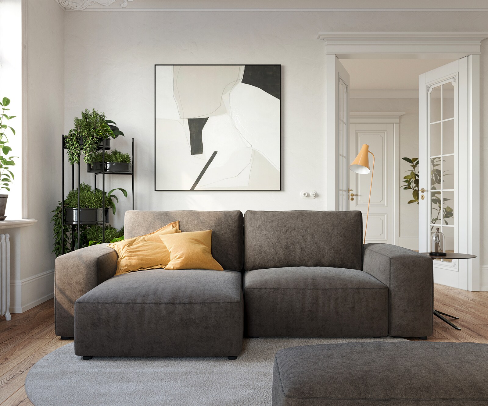 Hoeksofa Lanzo 230x155 cm microvezel khakibruin met variabele recamière en hocker 1