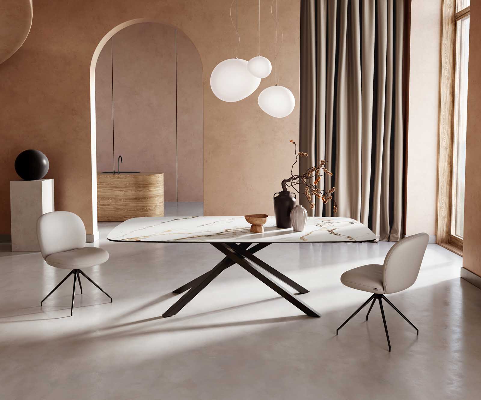 Eetkamertafel Edge Boot 240x120 keramiek Calacatta Luxe wit-goud-grijs kruisframe rechthoek zwart