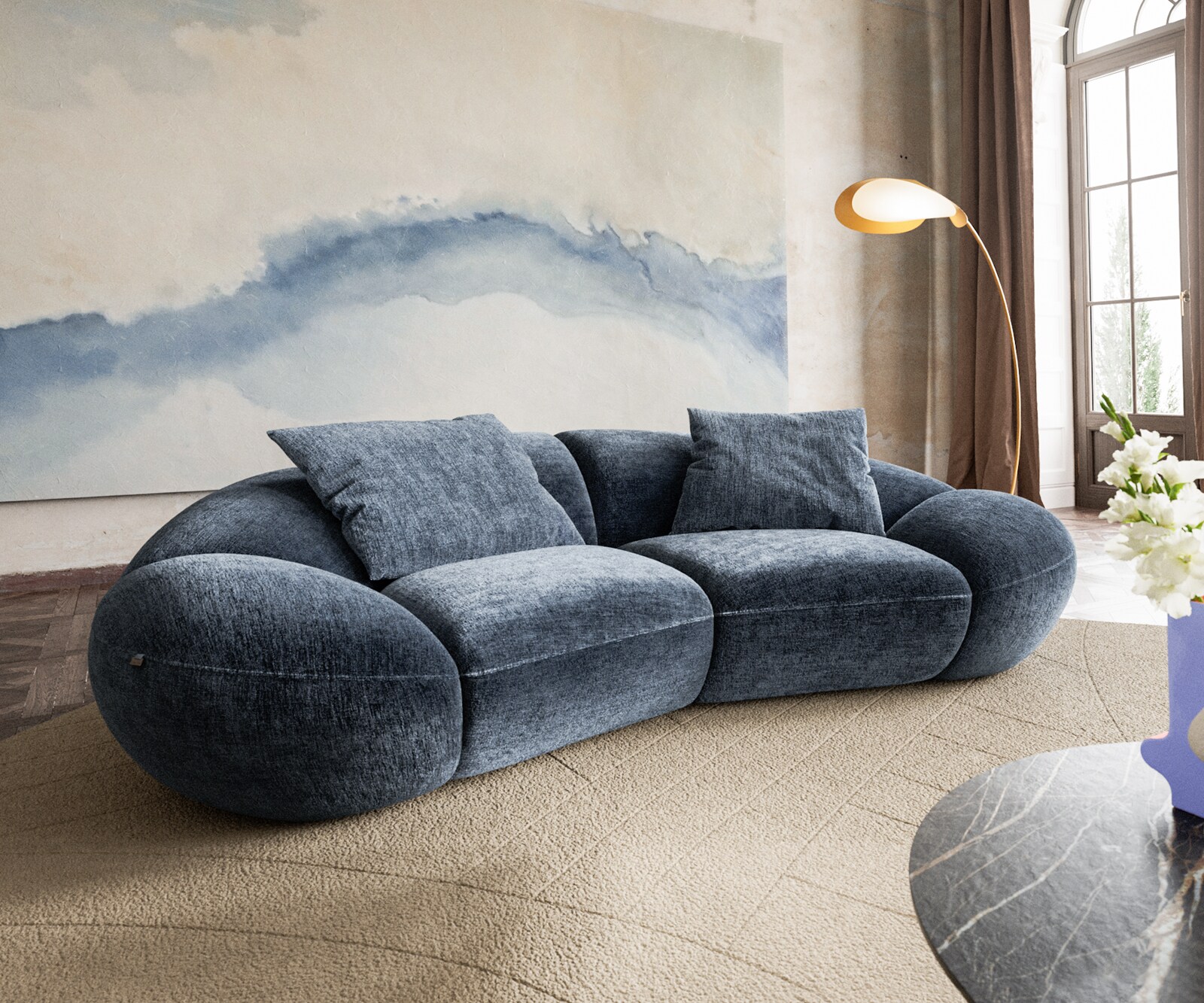 2-zitsbank Lunna 280x170 cm Chenille Blauw 2 kussens