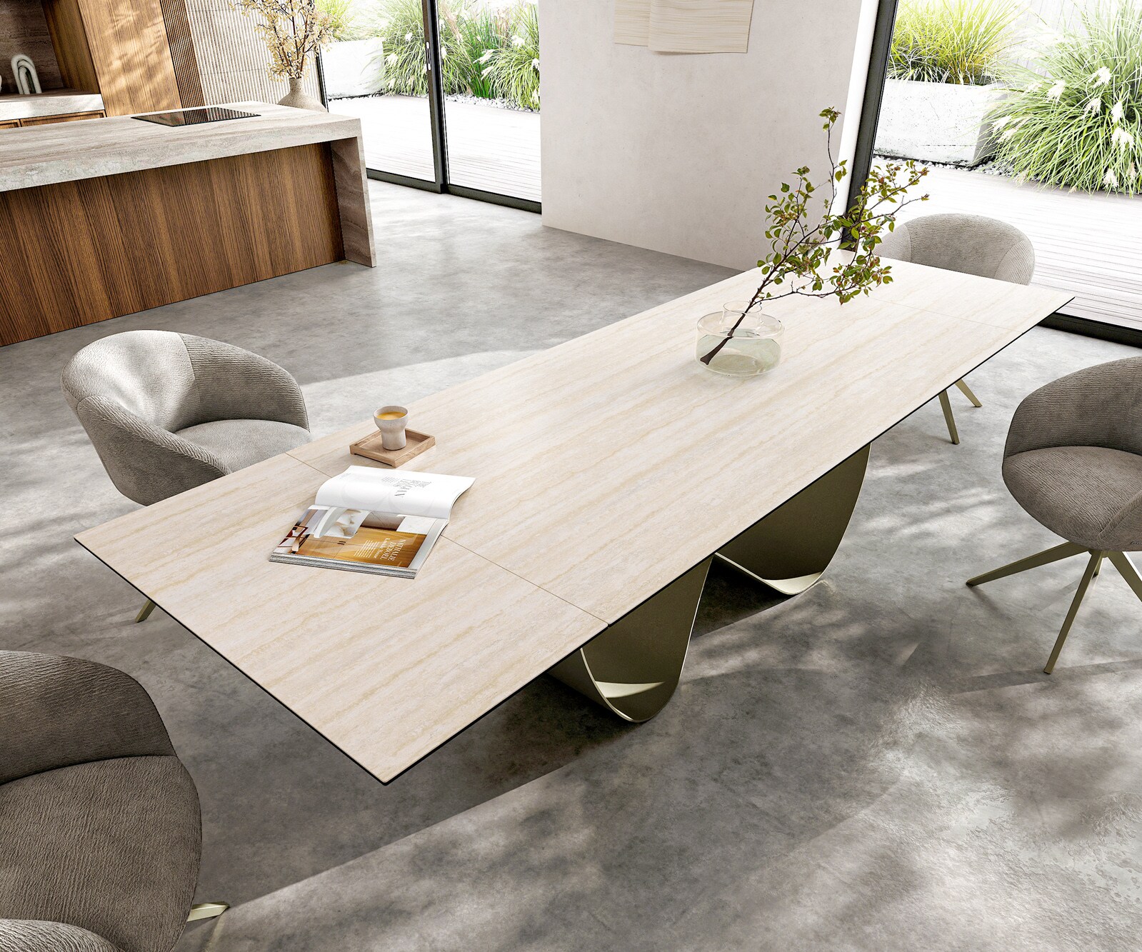Eettafel Edge 200-300x100 keramiek  Laminam® Travertino Bianco Creme-wit Infinity metaal effectafwerking Titan uitrekbaar 4