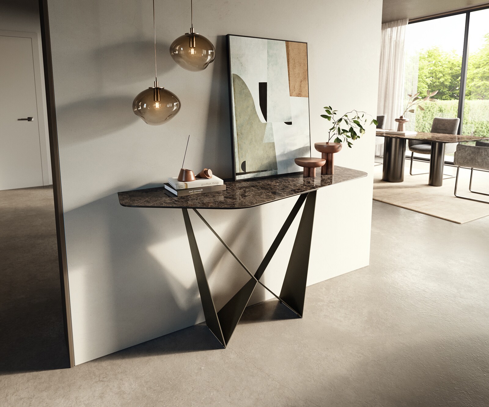 Consoletafel Edge Polygonaal 140x50 cm Keramiek Emperador Extra Lucidato Dunkelbraun Spios Metaal Effektfinish Titan 3