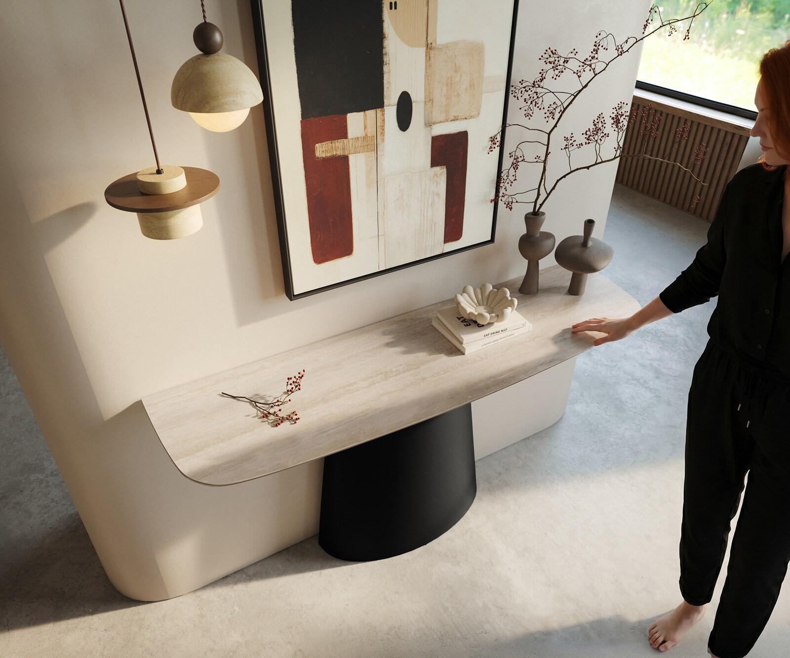 Consoletafel Edge Bootvorm 140x40 cm Keramiek Laminam® Travertino Bianco Creme-Weiß Conos Metaal Zwart 2