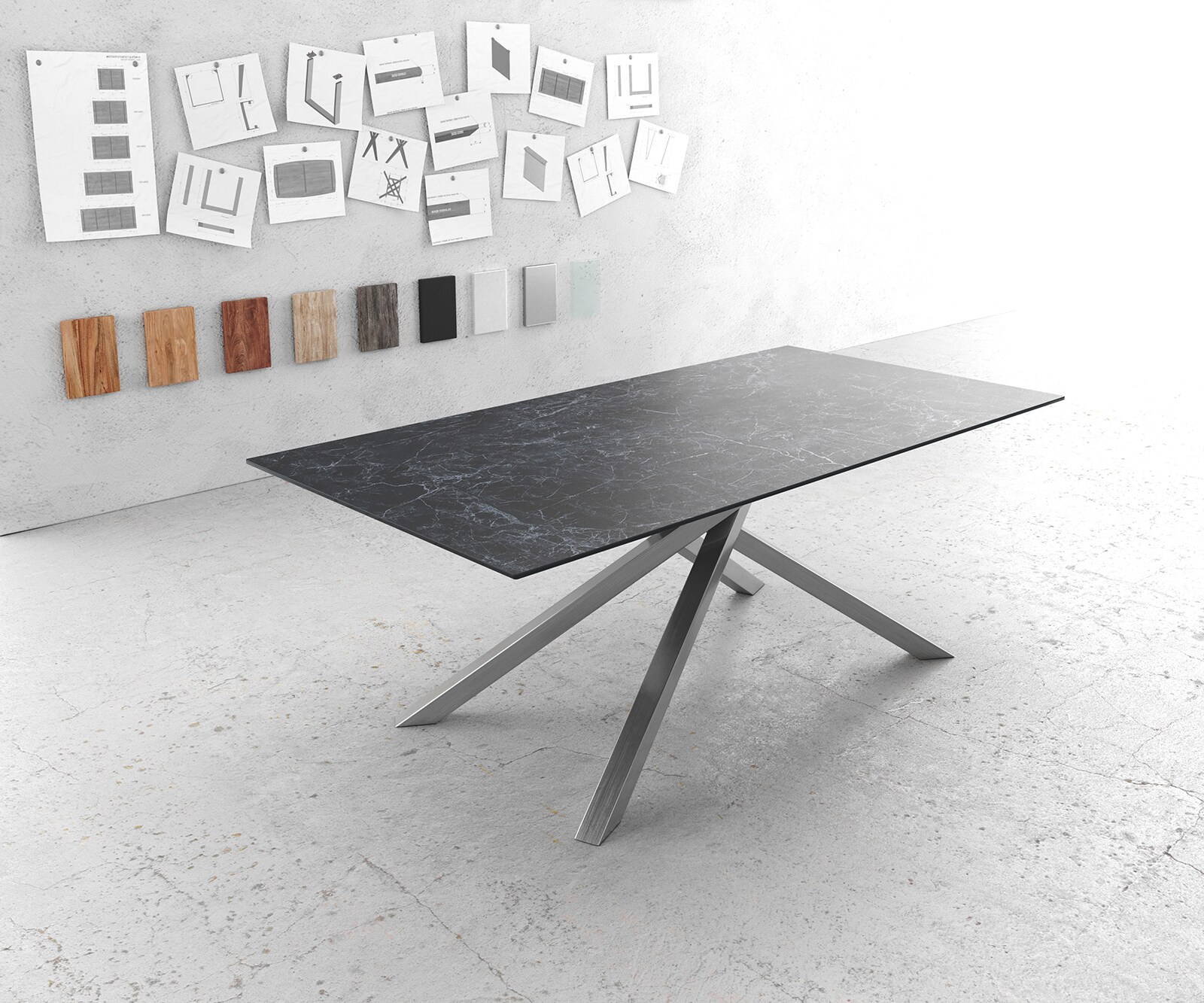 Eettafel Edge 200x100cm Laminam® keramiek grijs middenpoot kruis zilver