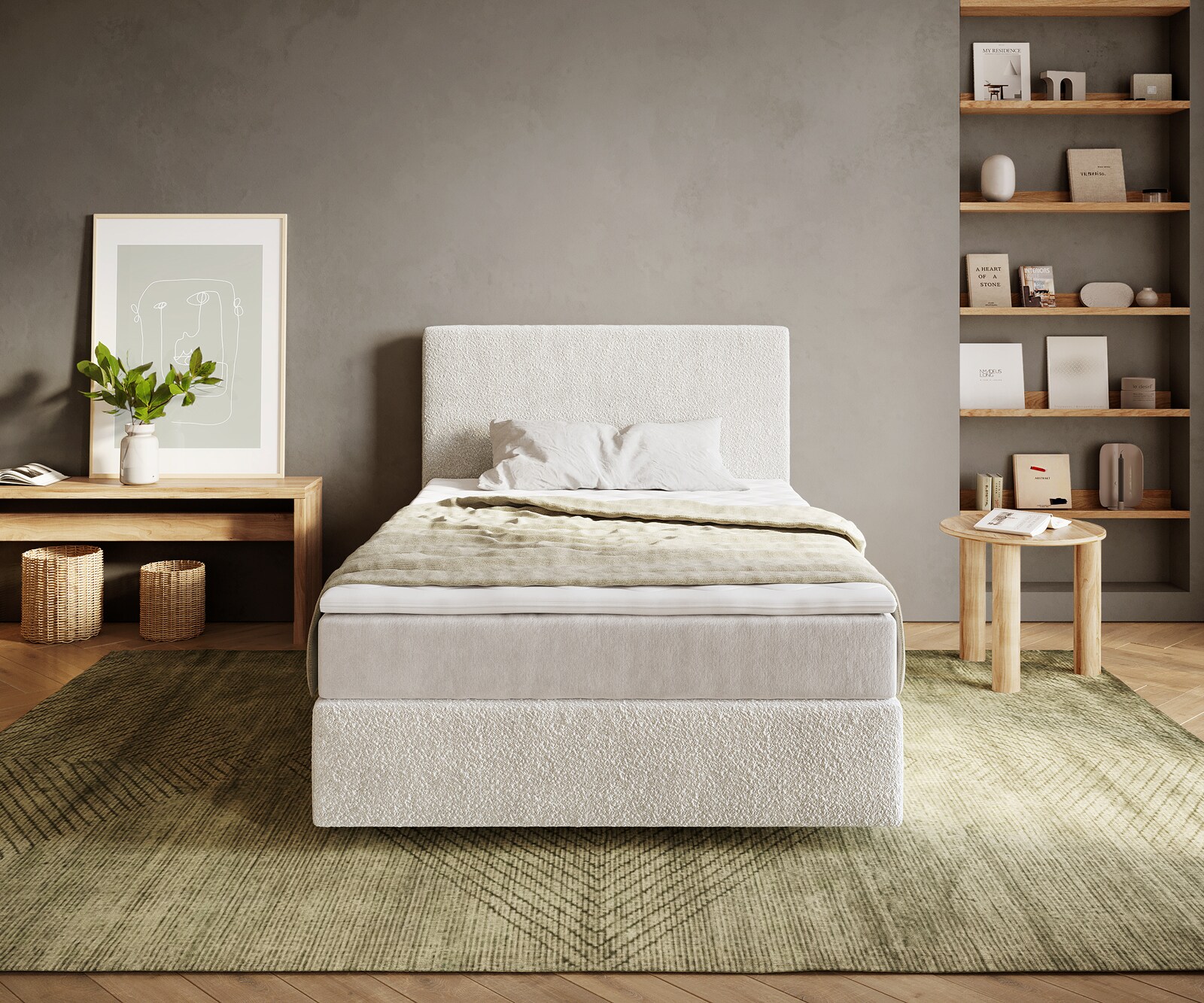 Boxspringbed Dream-Well 120x200 cm Bouclé Crème-Wit met Pocketveringmatras en Topper Visco 1 Boxspringbed Dream-Well 120x200 cm Bouclé Crème-Wit met Pocketveringmatras en Topper Visco 1