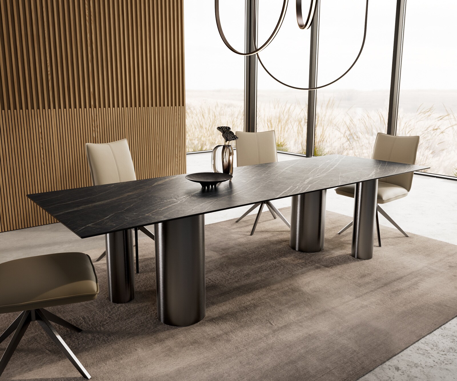 Eetkamertafel Edge 300x100 keramiek Laminam®Noir Desir bruin Pilier roestvrij staal grafiet