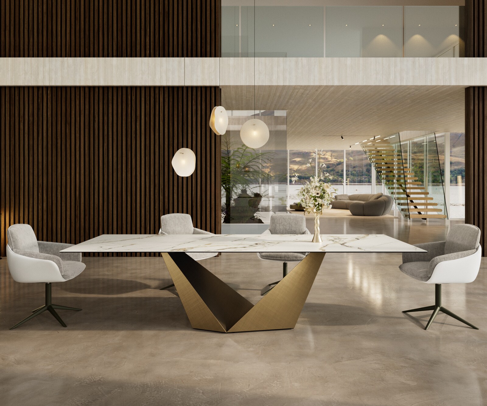 Eettafel Edge 300x100 keramiek  Calacatta Luxe wit-goud-grijs Prisma metaal goud