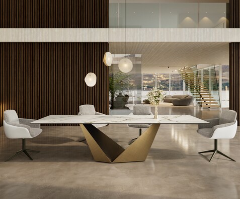 Eettafel Edge 300x100 keramiek  Calacatta Luxe wit-goud-grijs Prisma metaal goud