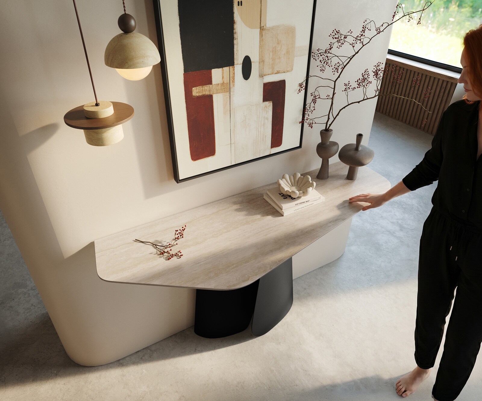 Consoletafel Edge Polygonaal 140x50 cm Keramiek Laminam® Travertino Bianco Creme-Weiß Livos Metaal Zwart 2