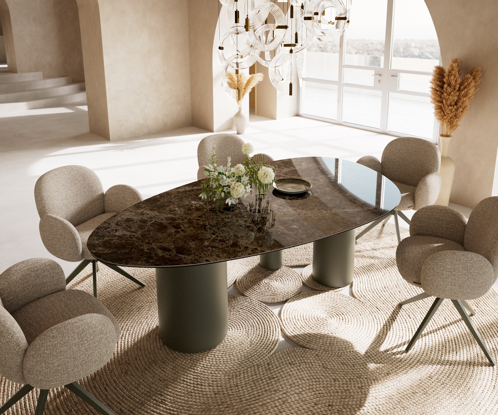 Eettafel Edge Oval 220x120 keramiek  Laminam® Emperador Extra Lucidato donkerbruin Troa metaal effectafwerking Titan 1