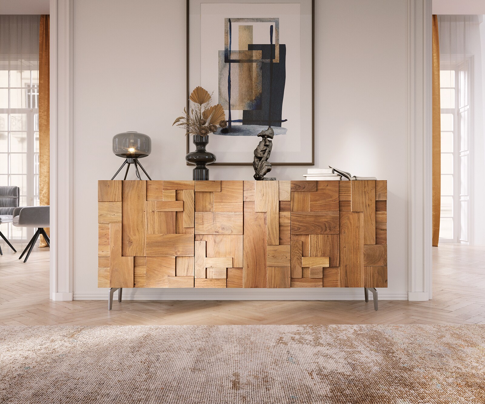 Dressoir Puzzle 175 cm acacia Natuur 3 Deurs hoekonderstel roestvrij staal 1