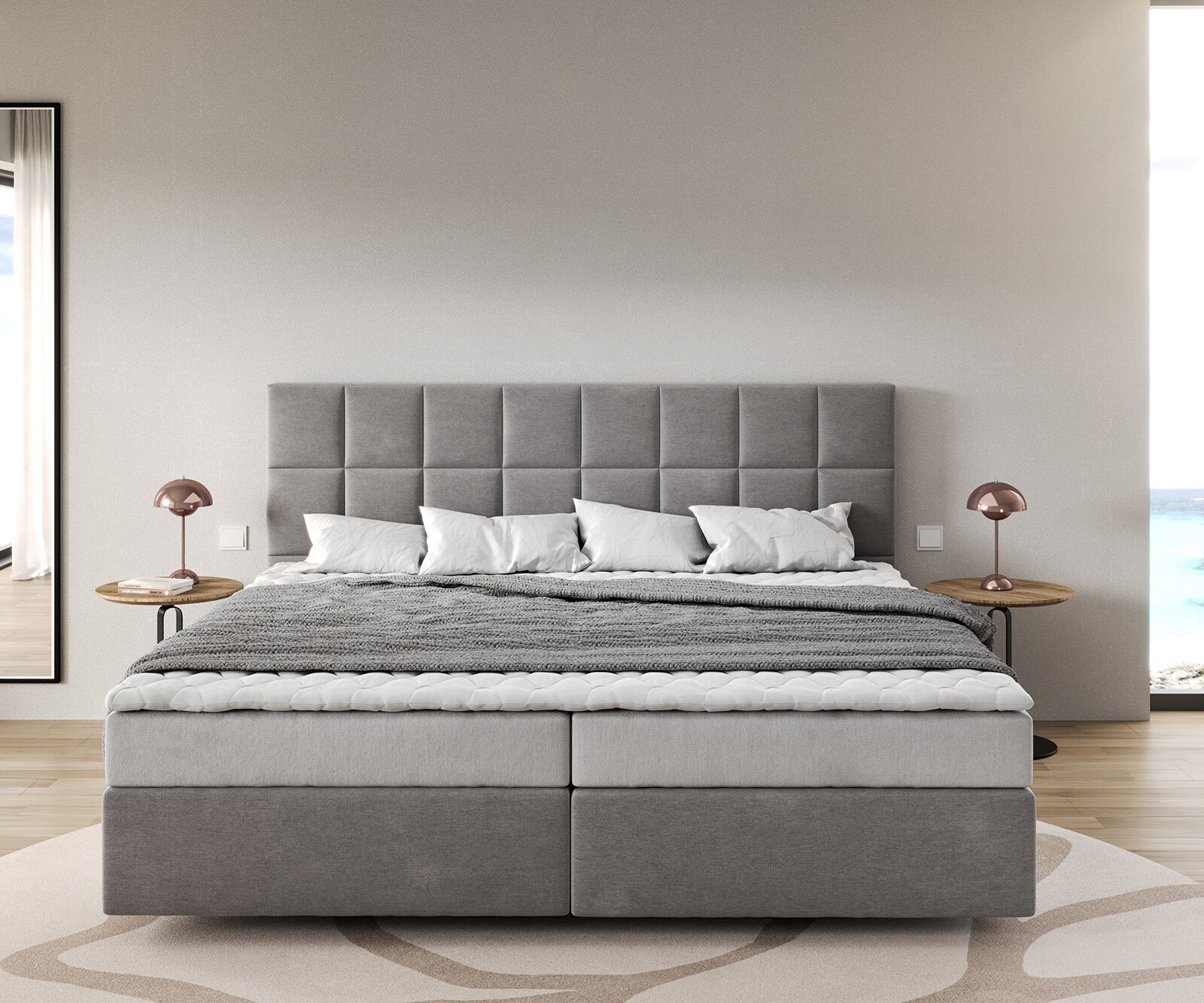 Boxspringbed Dream-Fijn microvezel grijs 200x200 cm Bonell matras PU topper 1