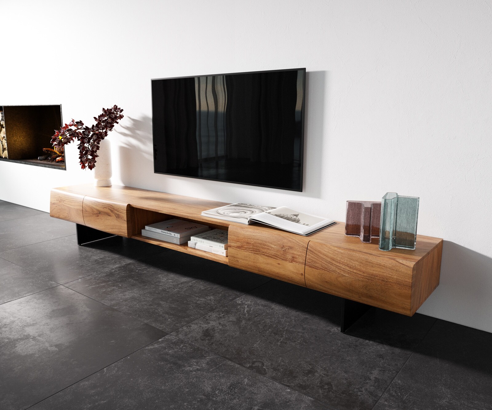 TV-meubel New Live-Edge 240 cm acacia natuur 4 deuren 1 vak zwevende poot metaal zwart