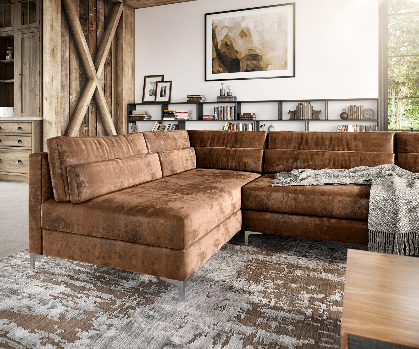 Woonlandschap Elio 300x185 cm kunstleer vintage bruin met poef 4