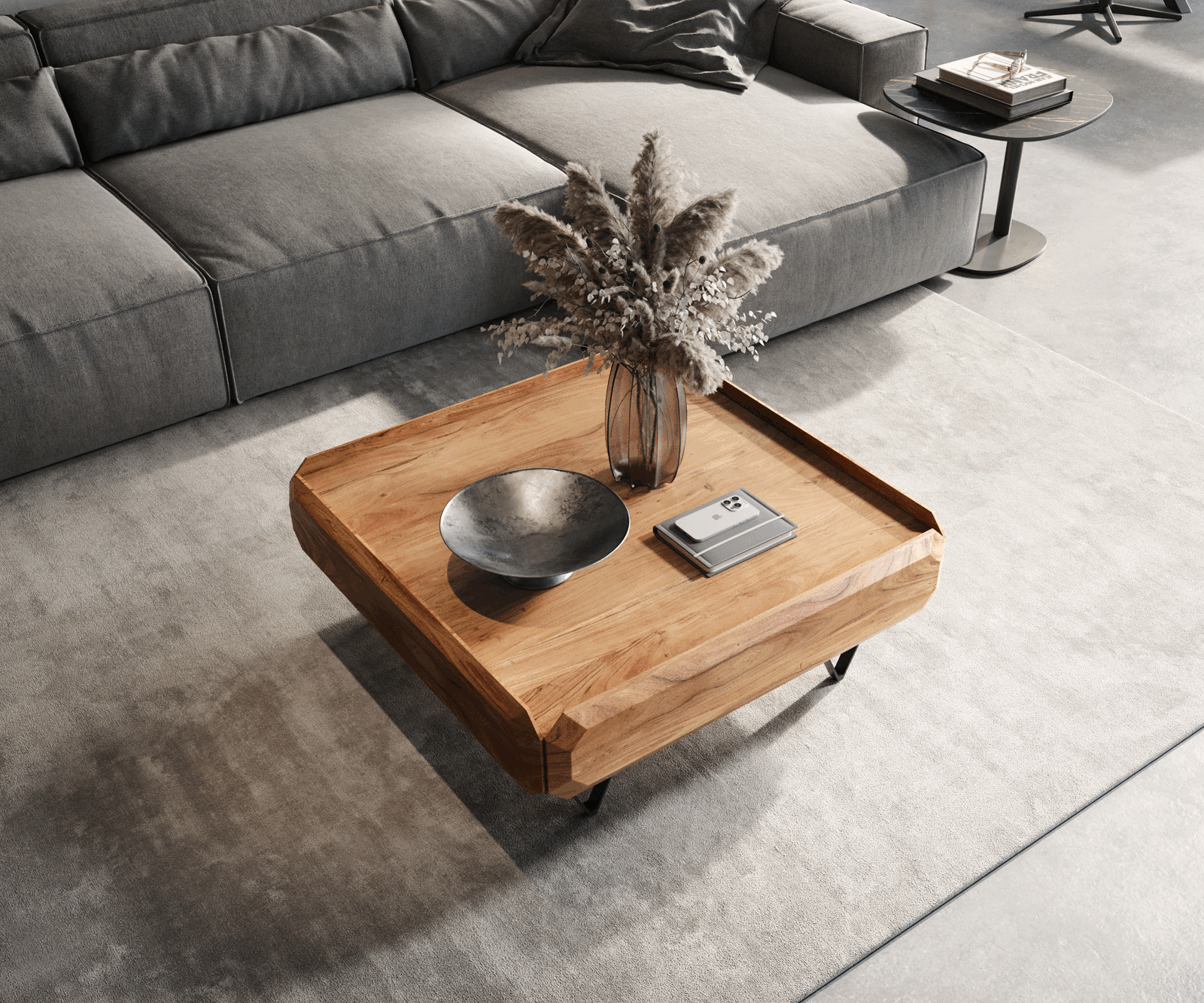 Salontafel Kiano 90x90 cm Acacia Natuur 2 Laden V-voet Zwart 3