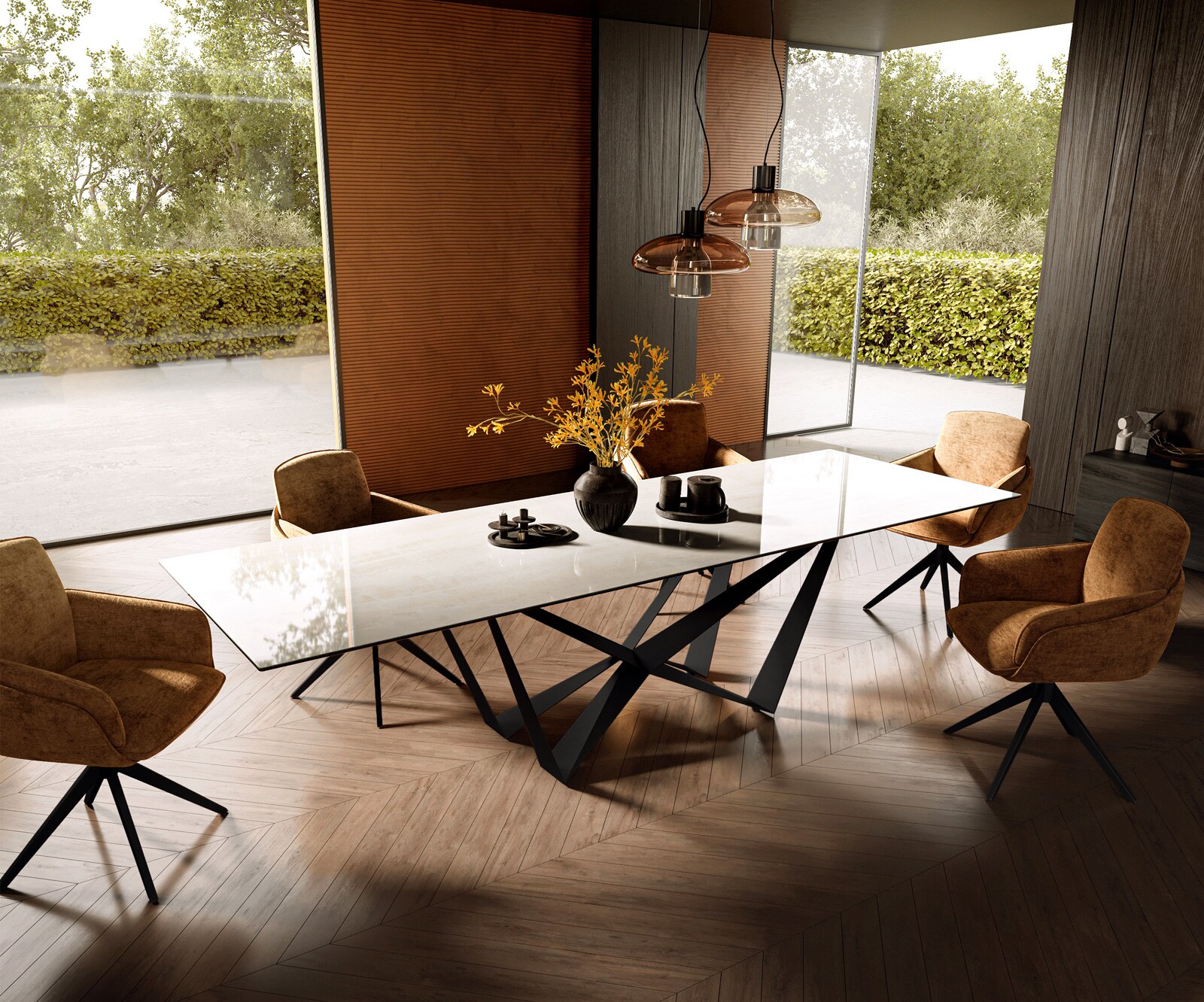Eettafel Edge 300x100 cm keramiek Onyx Champagne Spider platstaal zwart 6