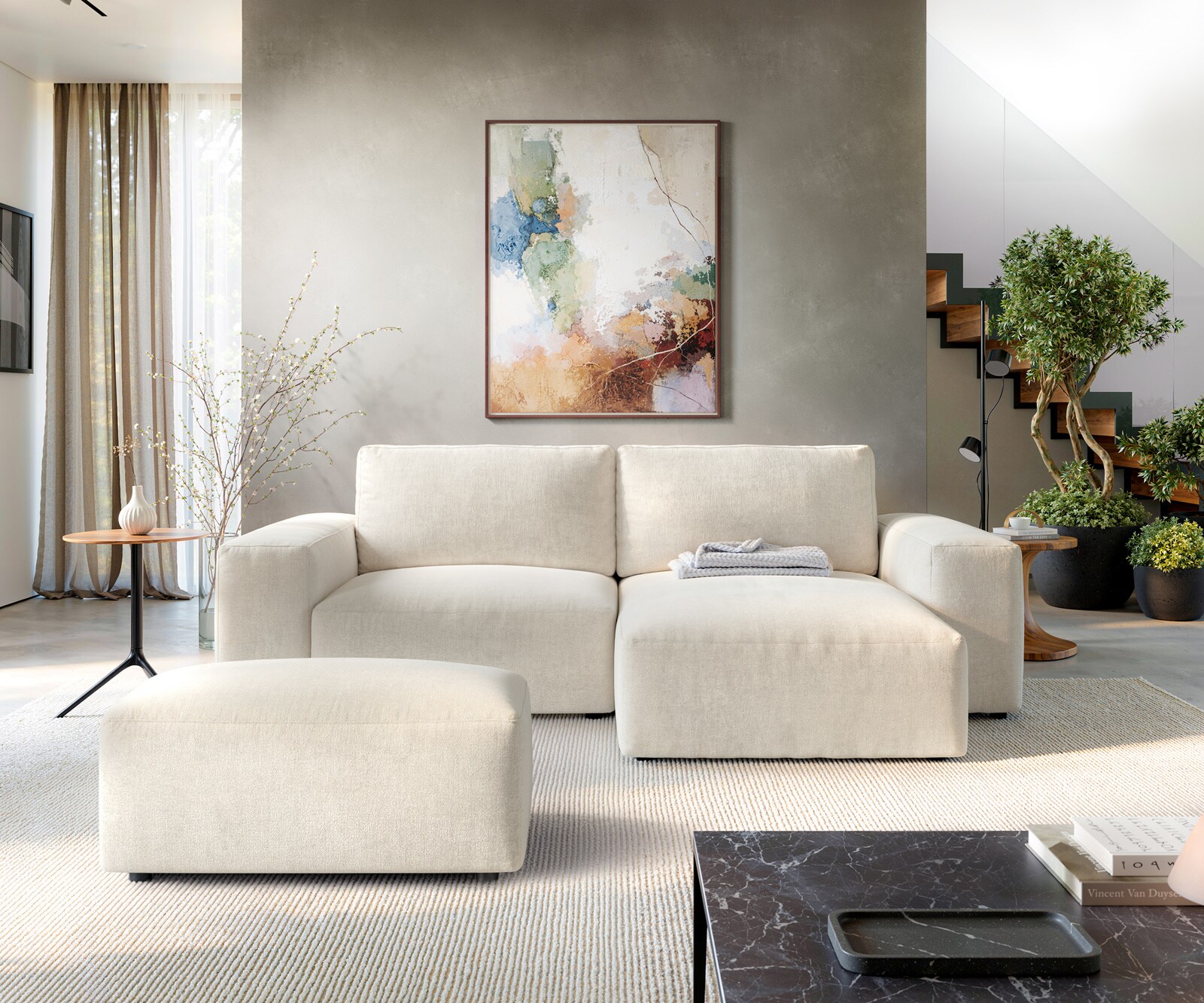 Hoekbank Lanzo 230x155 cm Zachte structuurstof Beige Chaise longue variabel met hocker 1