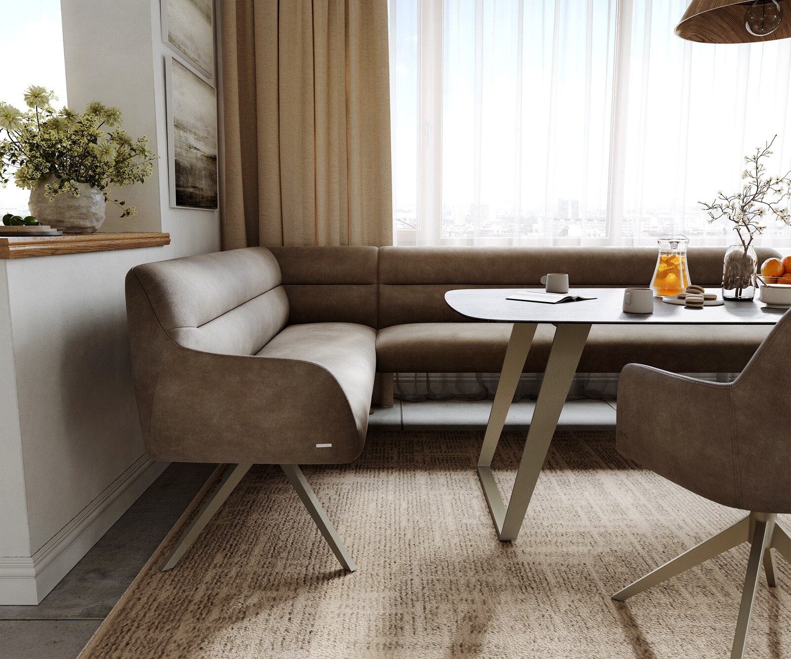 Eetkamerbank Taya-Flex 285x190 cm microvelours taupe vintage hoekig kruisframe afwerking met titaniumeffect pocketvering rechts 5