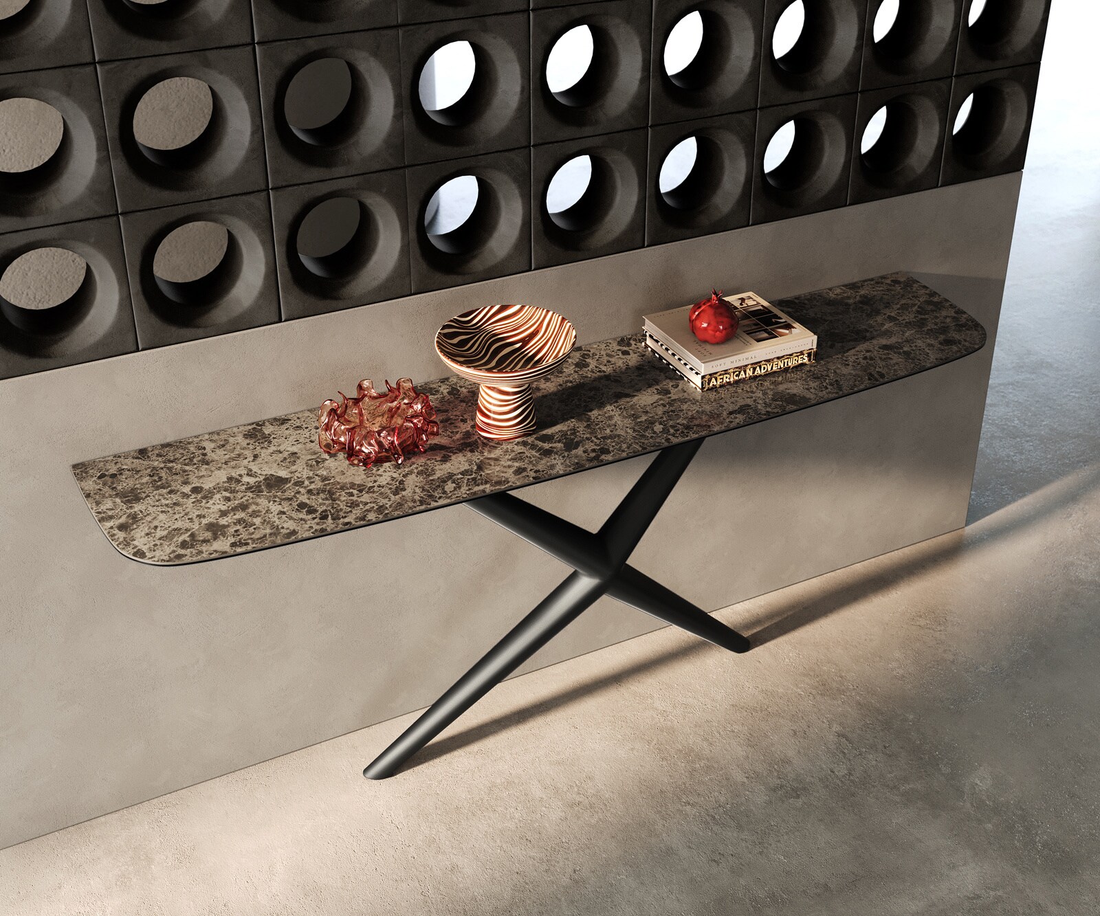 Consoletafel Edge Bootvorm 180x40 cm Keramiek Emperador Extra Lucidato Dunkelbraun Estelo Metaal Zwart 2