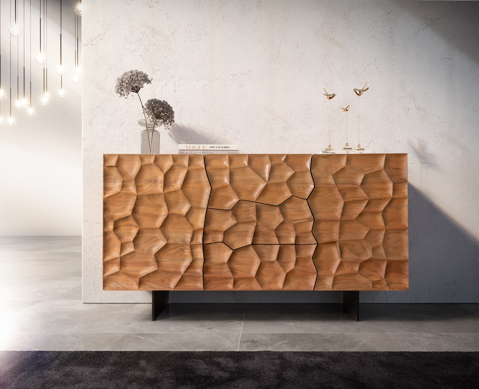 Dressoir Solu 145 cm acacia natuur 2 deuren 3 laden onderstel zwevend metaal zwart 3D-front 1