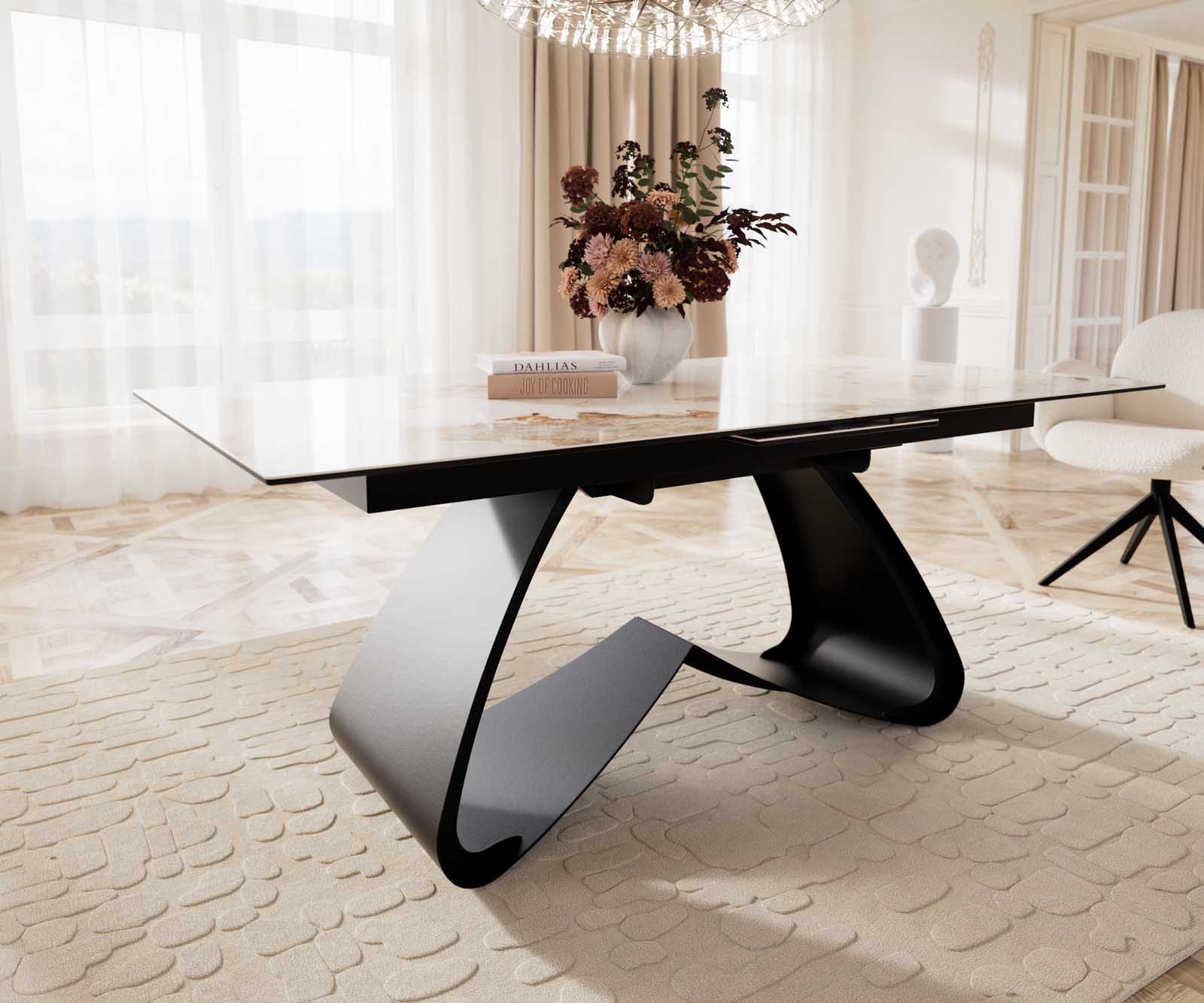 Eetkamertafel Edge 180-220x100 keramiek Minas Melange wit-beige W-frame zwart uitschuifbaar 7