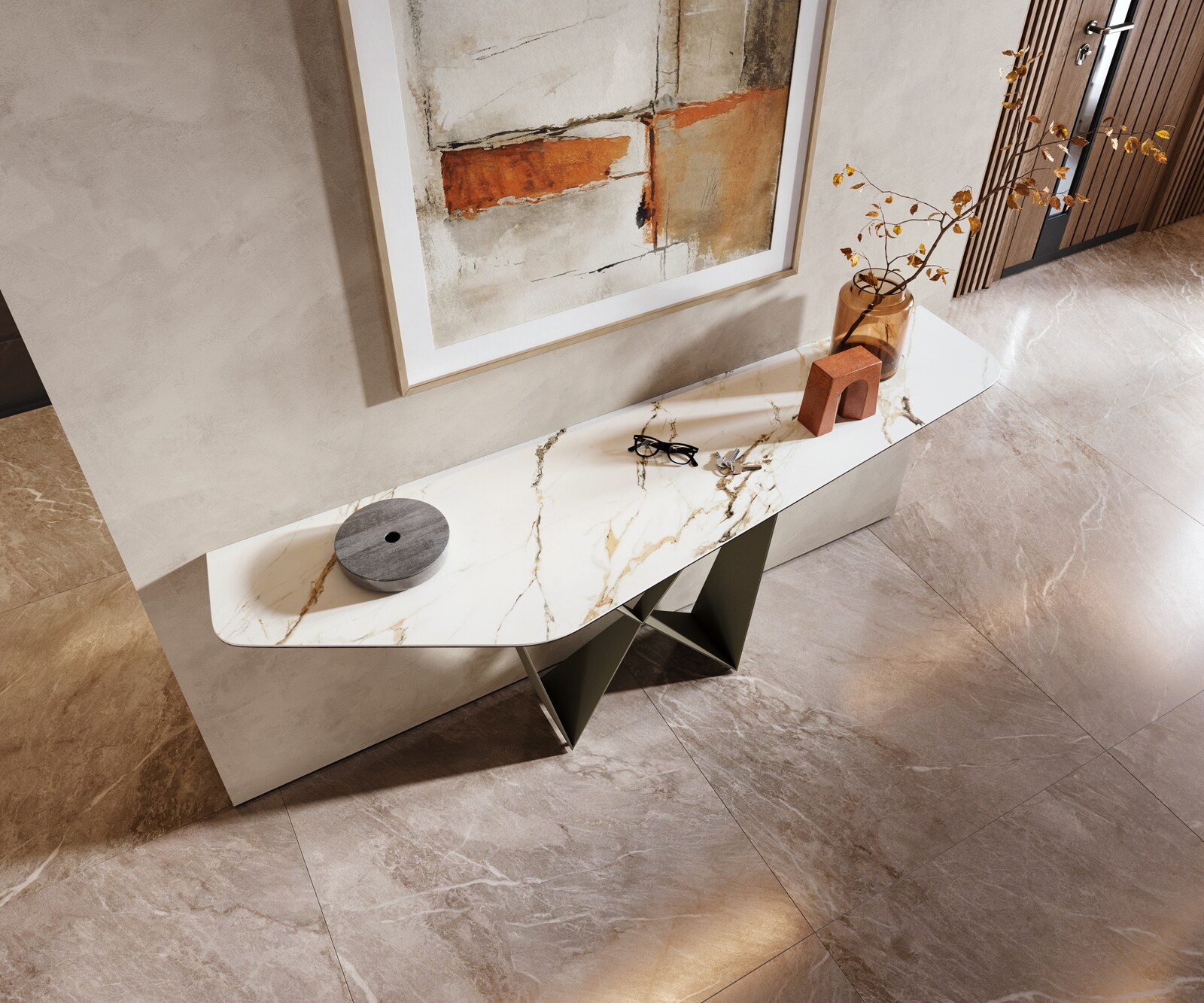 Consoletafel Edge Polygonaal 180x50 cm Keramiek Calacatta Luxe Weiß-Gold-Grijs Spios Metaal Effektfinish Titan 2
