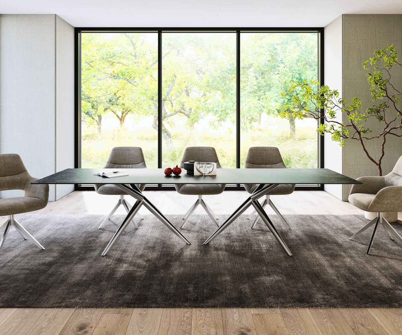 Eetkamertafel Edge 300x100 keramiek Laminam®Nero Greco Anthrazit Estelar rond  roestvrij staal 1