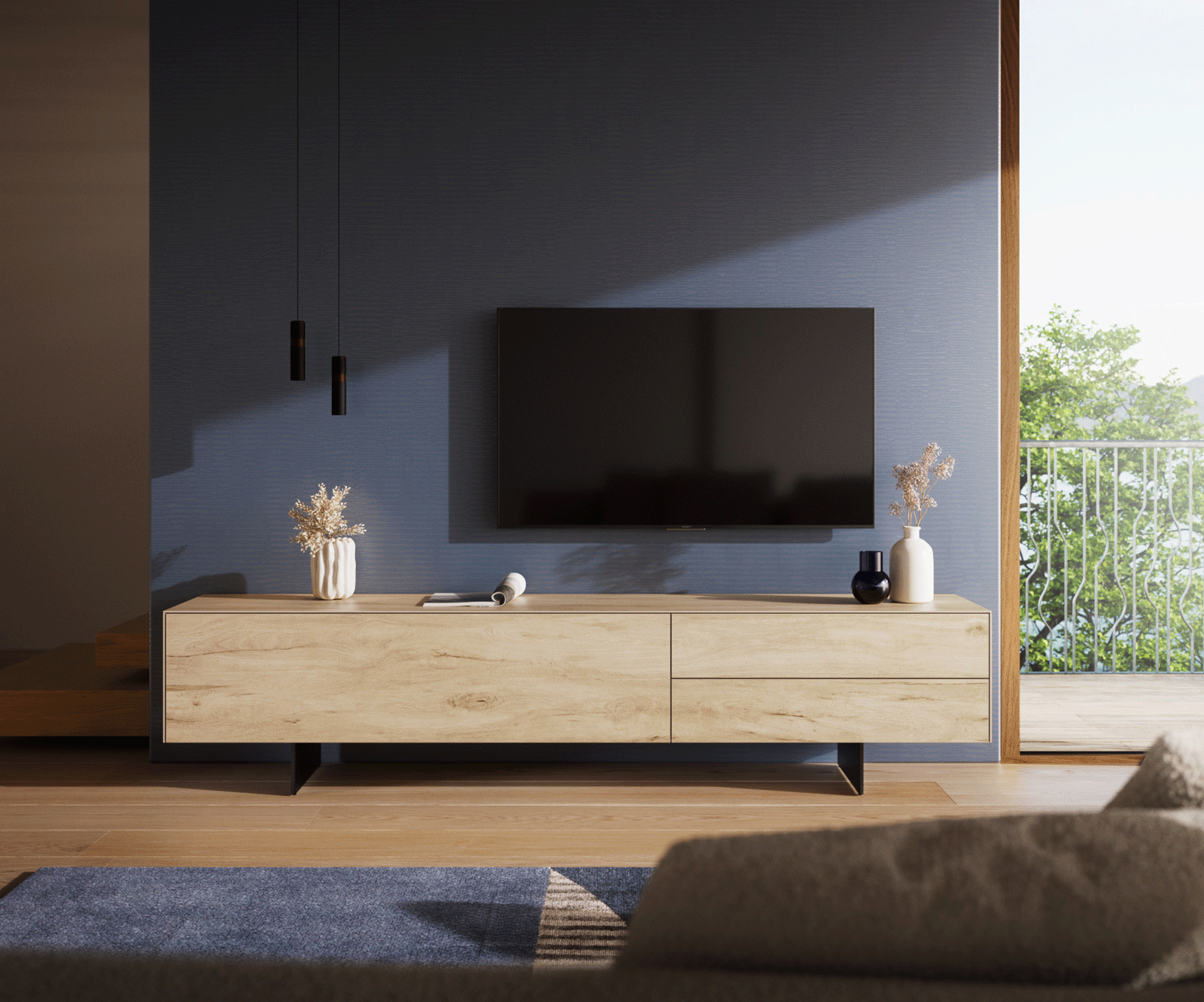 Tv-meubel Cuor 220 cm Keramiek Laminam® Sabbia Eiken gekleurd 1 Flap 2 Laden Zwevende voet look Metaal Zwart 2