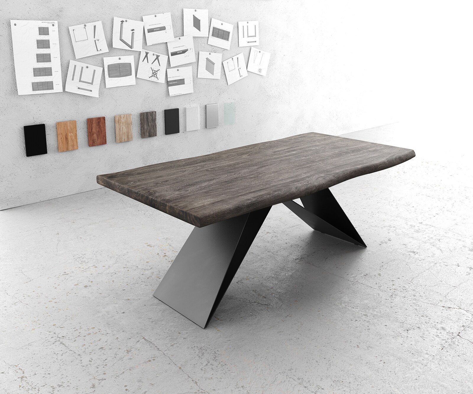 Eettafel Edge 200x100 XL acacia platina V-frame vlakstaal zwart Live-Edge 1