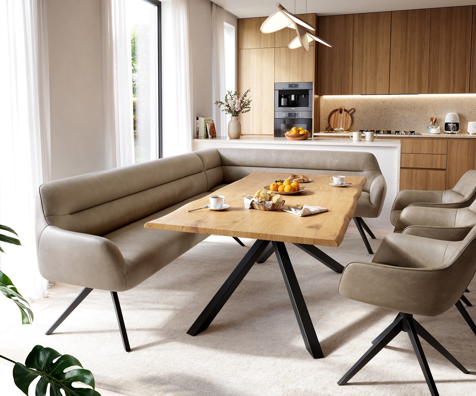 Eetkamerbank Taya-Flex 285x190 cm microvelours beige vintage hoekig kruisframe zwart pocketvering links 1