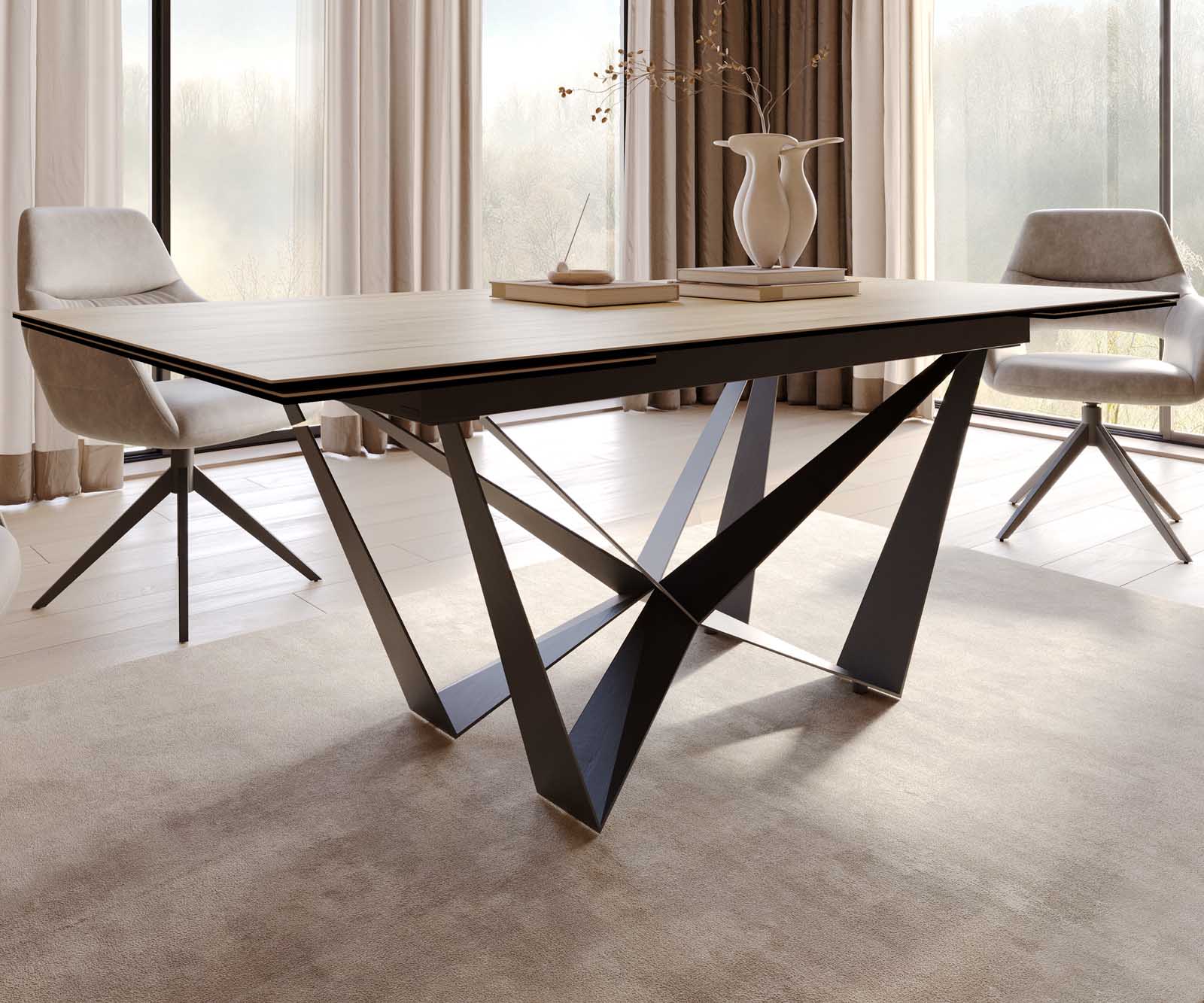 Eetkamertafel Edge 200-300x100 keramiek Laminam® Sabbia eiken kleur spider vlak staal zwart uitschuifbaar 6