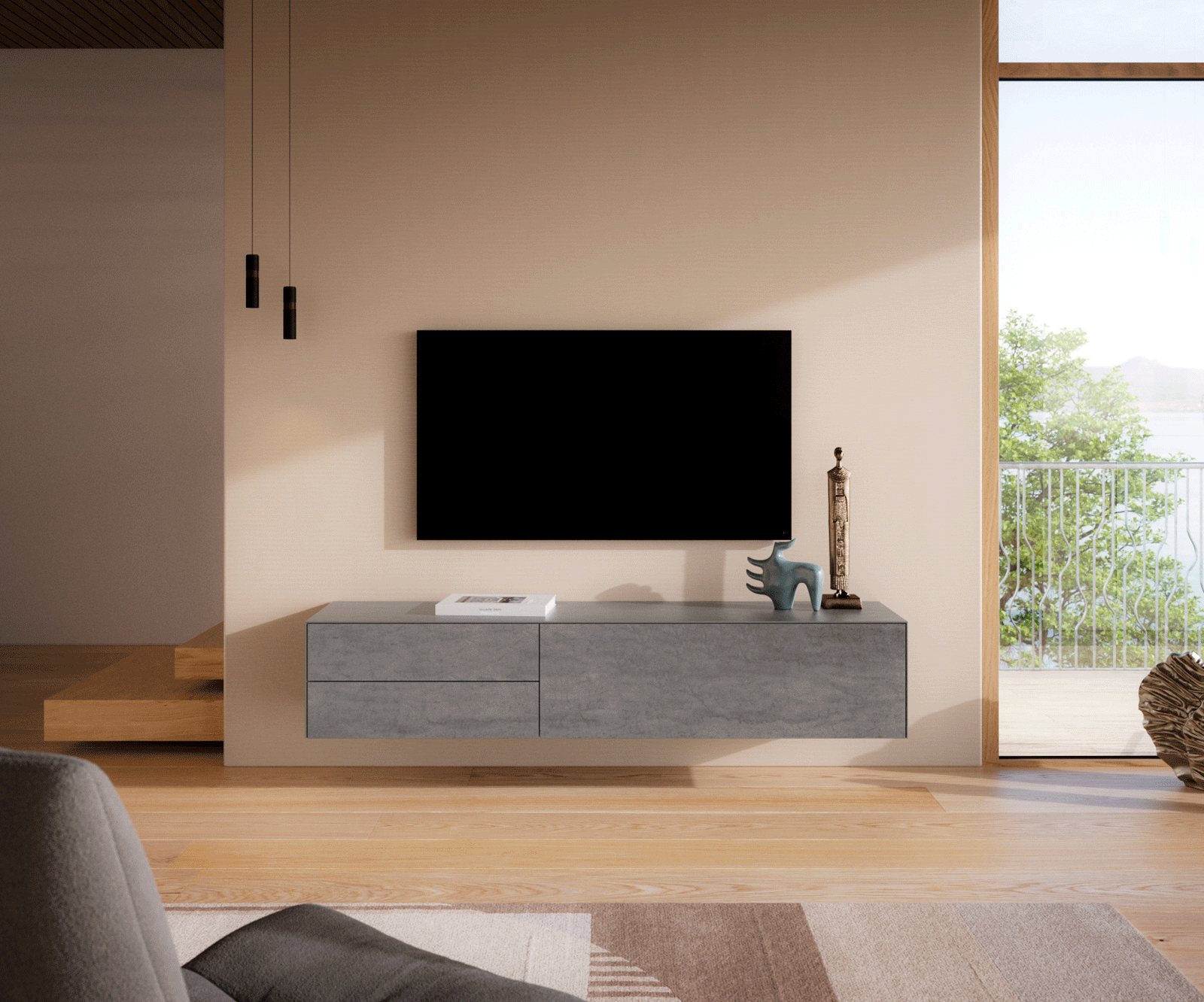 Tv-meubel Cuor 180 cm Keramiek Beton Grijs 1 Flap 2 Laden Zwevend 2