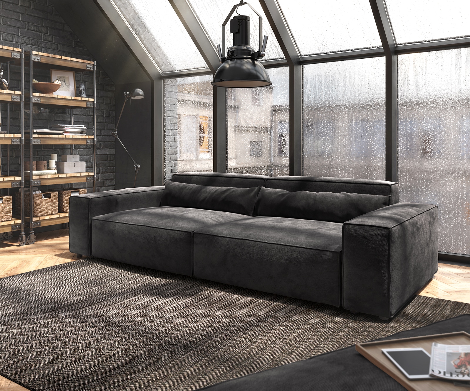 Big-sofa Sirpio XL 270x130 cm microvezel zwart met kruk Big-sofa Sirpio XL 270x130 cm microvezel zwart met kruk