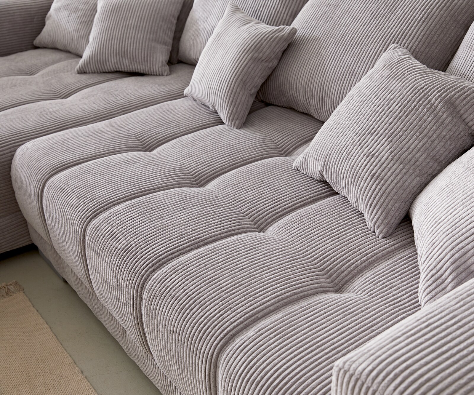 Bank Josea Cord zilvergrijs 300x220 cm voetenbank links hoekbank 4